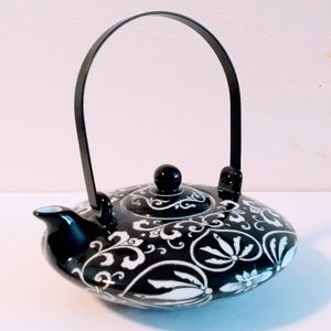 *World Market Porcelain Teapot Black and White Design Metal Handle